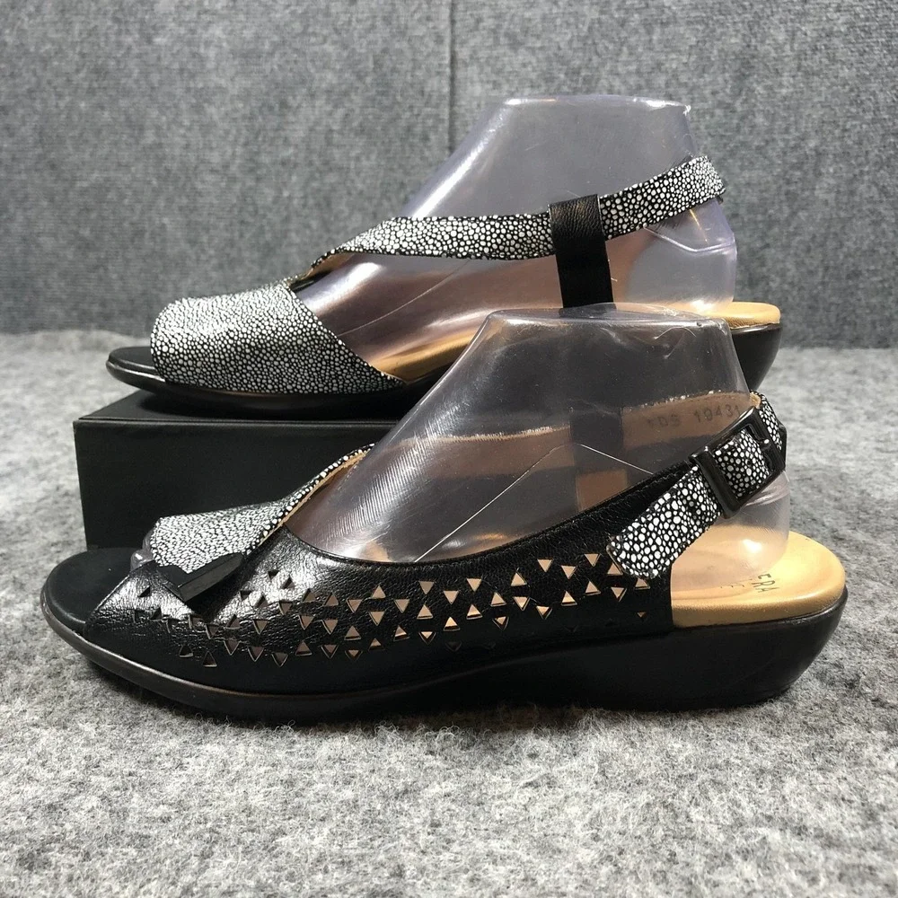 Ziera Womens 10.5 Black Leather Slingback Wedge Sandals Comfort